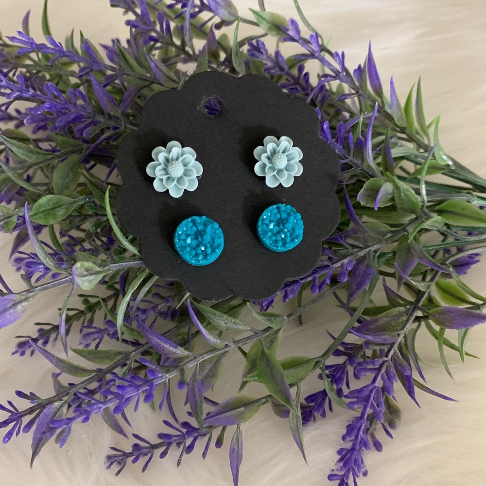 NWT Floral Teal Raw Druzy Earring Stud Duo Set - Picture 2 of 4